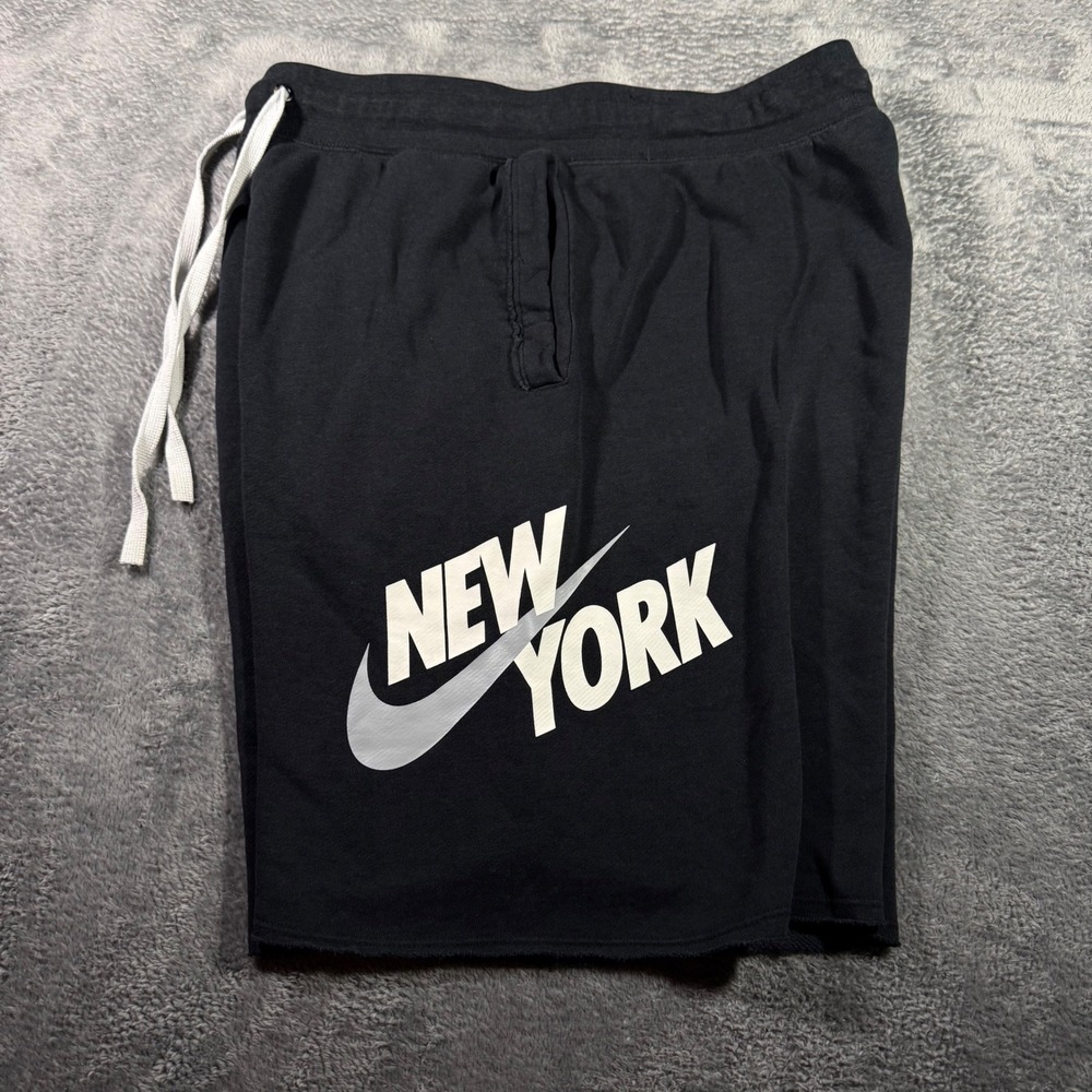 Nike Mens New York Swoosh Graphic Shorts Black Cotton Blend Size M Raw Hem